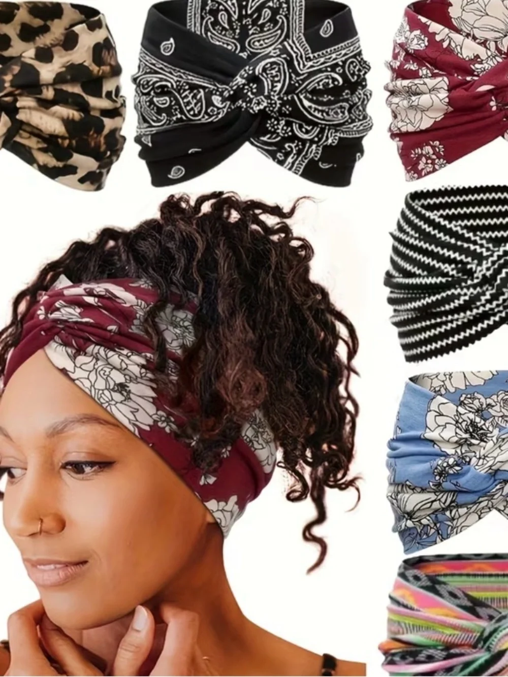 6PCS non-slip elastic Floral Print Twisted Turban Headband - Burgundy/White/bule